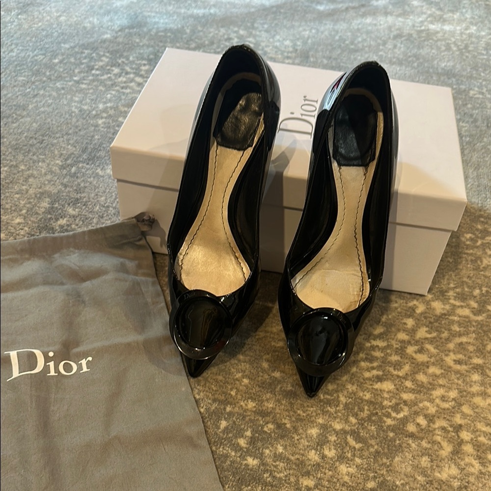 DIOR BLACK PATENT CHUNKY HEEL SHOE SIZE 7.5 - Picture 2 of 16